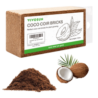 VIVOSUN coco coir brick for plant growing, with coconuts and loose coir fiber.
