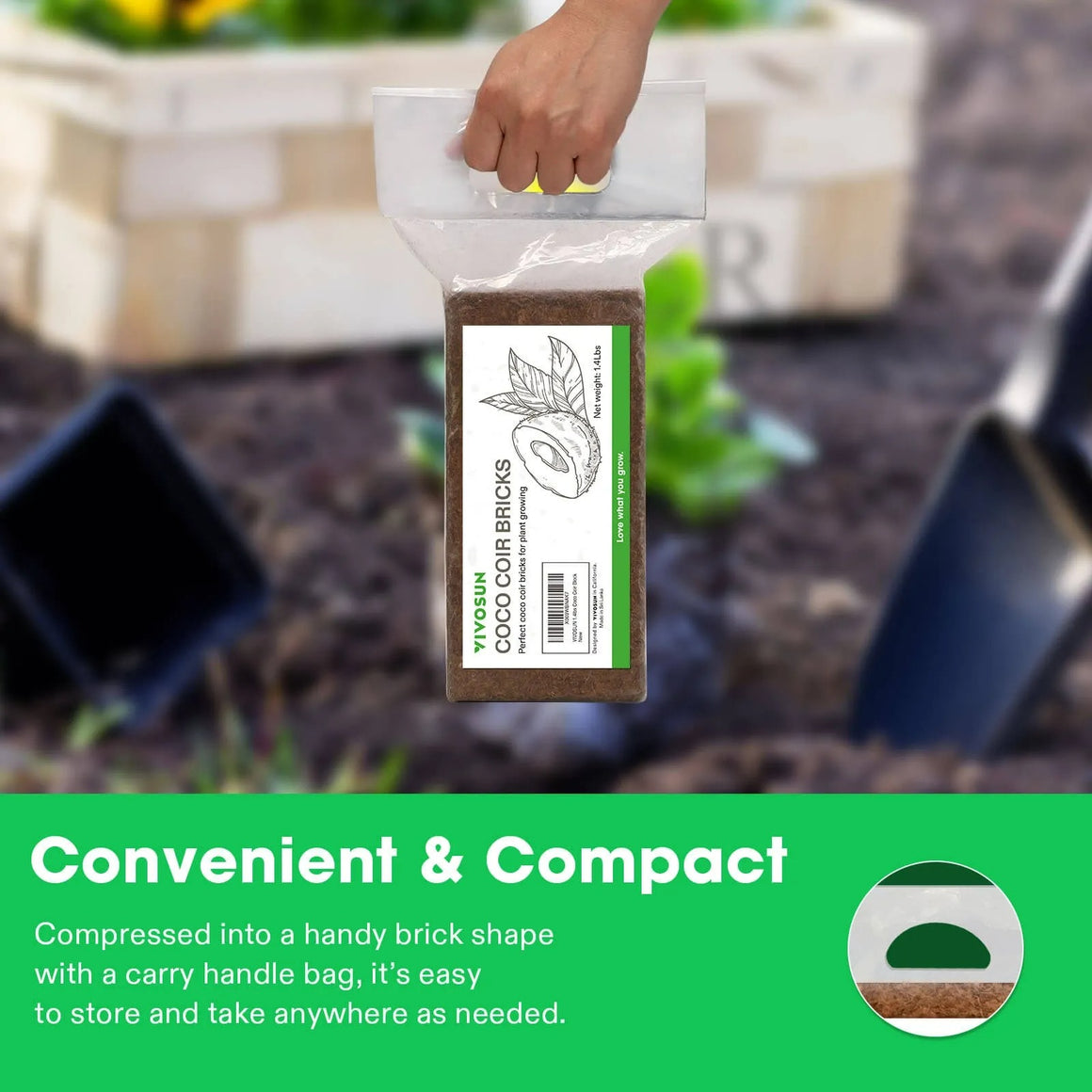 Vivosun coco coir brick in a clear bag with handle, a gardening product.