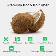 Vivosun premium coco coir fiber bag with whole and cracked coconuts, plus icons for reusable, PH balance, low EC, fresh water rinsed, natural & organic, breathable, and water retention.