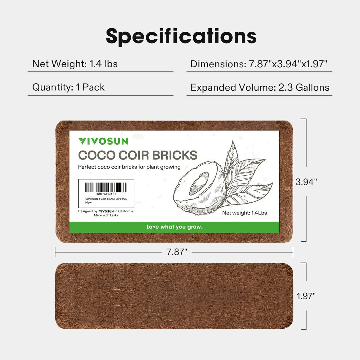 VIVOSUN coco coir brick, 1.4 lbs, 7.87" x 3.94" x 1.97".