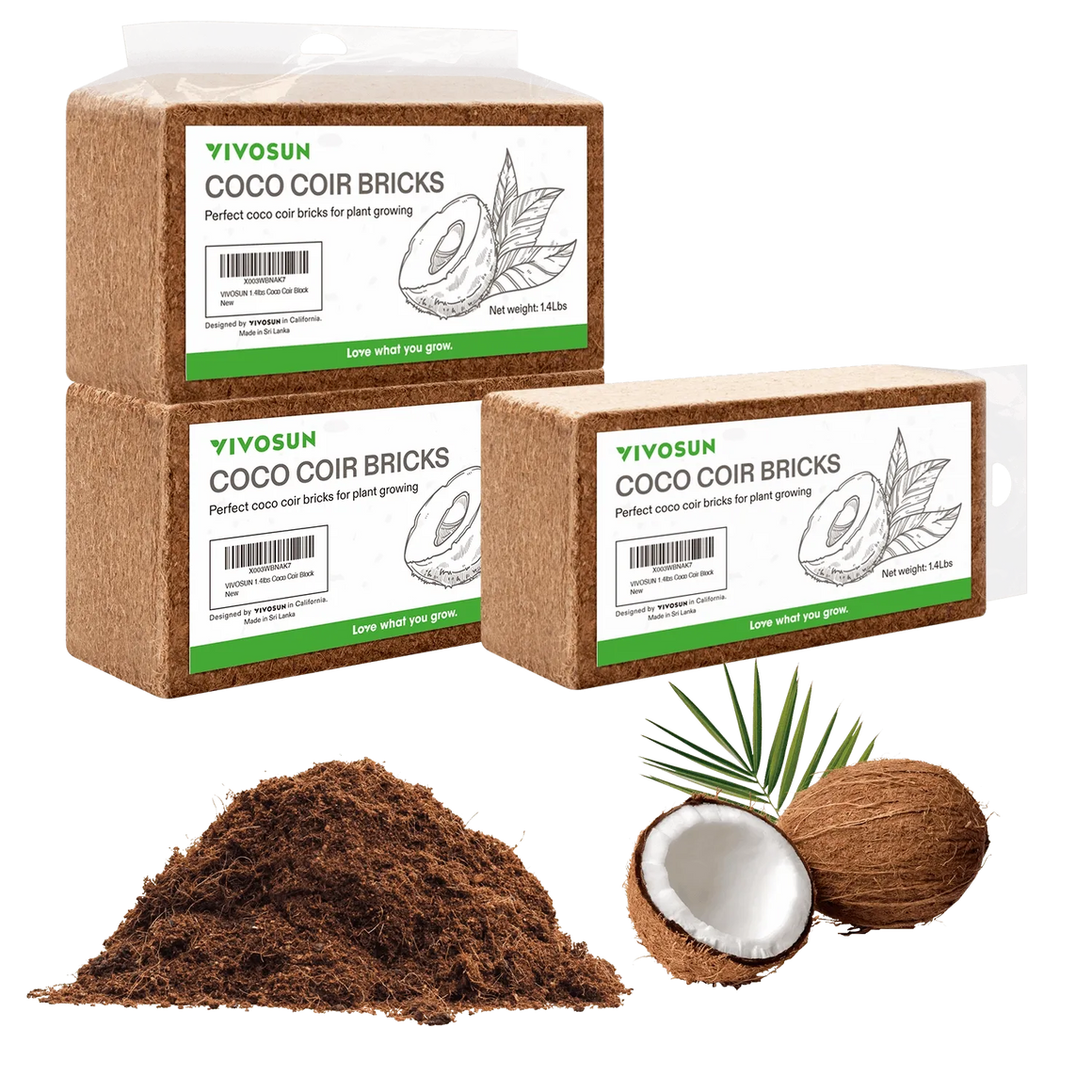 VIVOSUN coco coir bricks in packaging, loose coir, and coconuts.