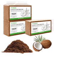 VIVOSUN coco coir bricks in packaging, loose coir, and coconuts.