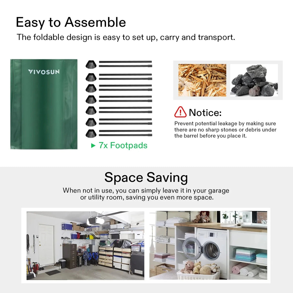 Vivosun collapsible rain barrel: green folded barrel, assembly poles, 7 footpads. Debris warning, space-saving garage/utility storage.