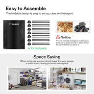 Vivosun black collapsible rain barrel with assembly parts (poles, footpads). Highlights space-saving storage and leakage warning.