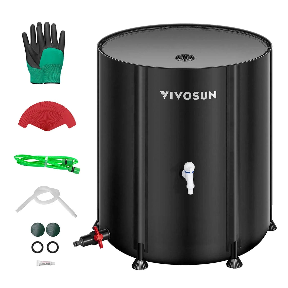 VIVOSUN collapsible black rain barrel water storage system with gardening gloves, hose, leaf scoops, and parts.