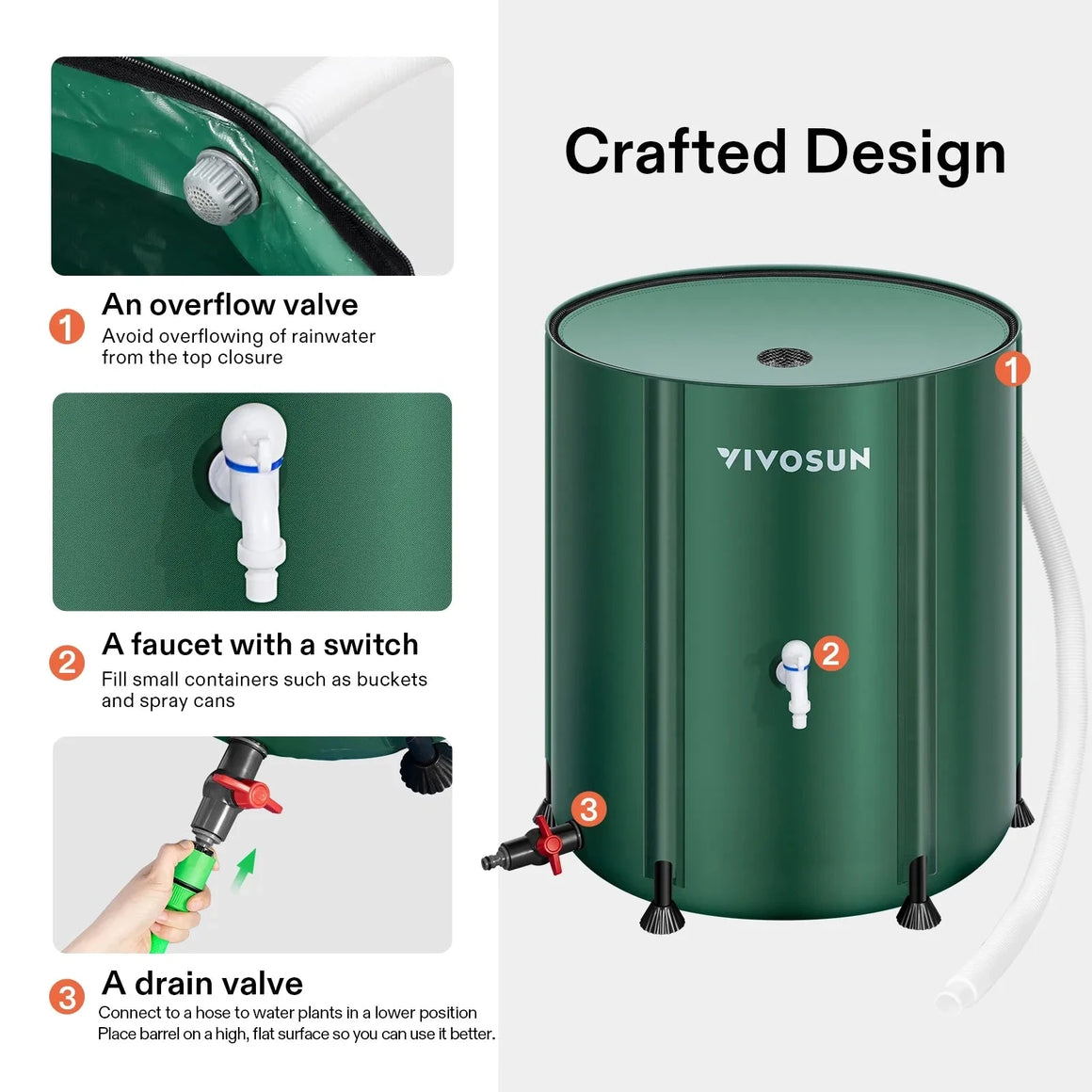Green VIVOSUN collapsible rain barrel with overflow valve, faucet, and drain valve for efficient water storage.