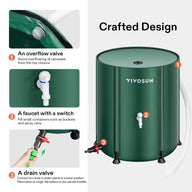 Green VIVOSUN collapsible rain barrel with overflow valve, faucet, and drain valve for efficient water storage.