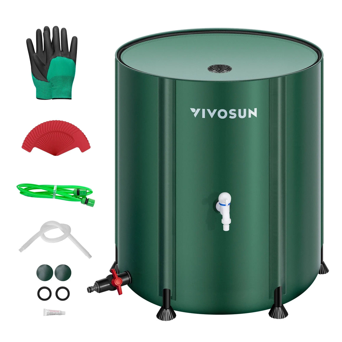 Green VIVOSUN collapsible rain barrel water storage system with gardening gloves, hoses, spigots, and fittings.