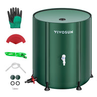Green VIVOSUN collapsible rain barrel water storage system with gardening gloves, hoses, spigots, and fittings.