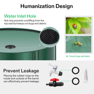 Green rain barrel features a mesh water inlet preventing bugs/debris, plus spigot, valve, and O-rings for leak prevention.