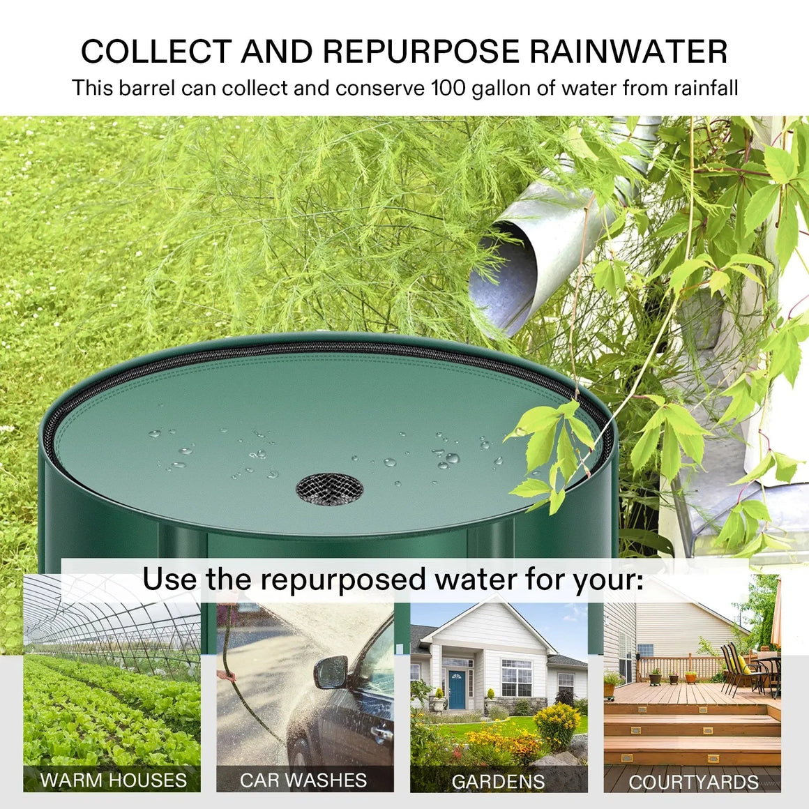 Green 100-gallon rain barrel collects rainwater from a downspout, used for car washes, gardens, warm houses & courtyards.