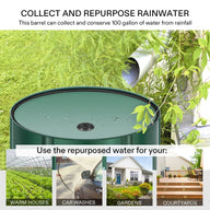 Green 100-gallon rain barrel collects rainwater from a downspout, used for car washes, gardens, warm houses & courtyards.