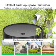 Black Vivosun collapsible rain barrel collecting rainwater for gardens, car washes, and greenhouses.