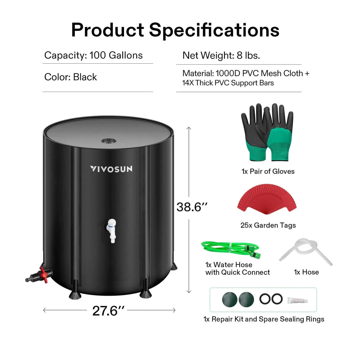 Vivosun black 100-gallon collapsible rain barrel (38.6"H x 27.6"D), product specifications, and all included accessories.