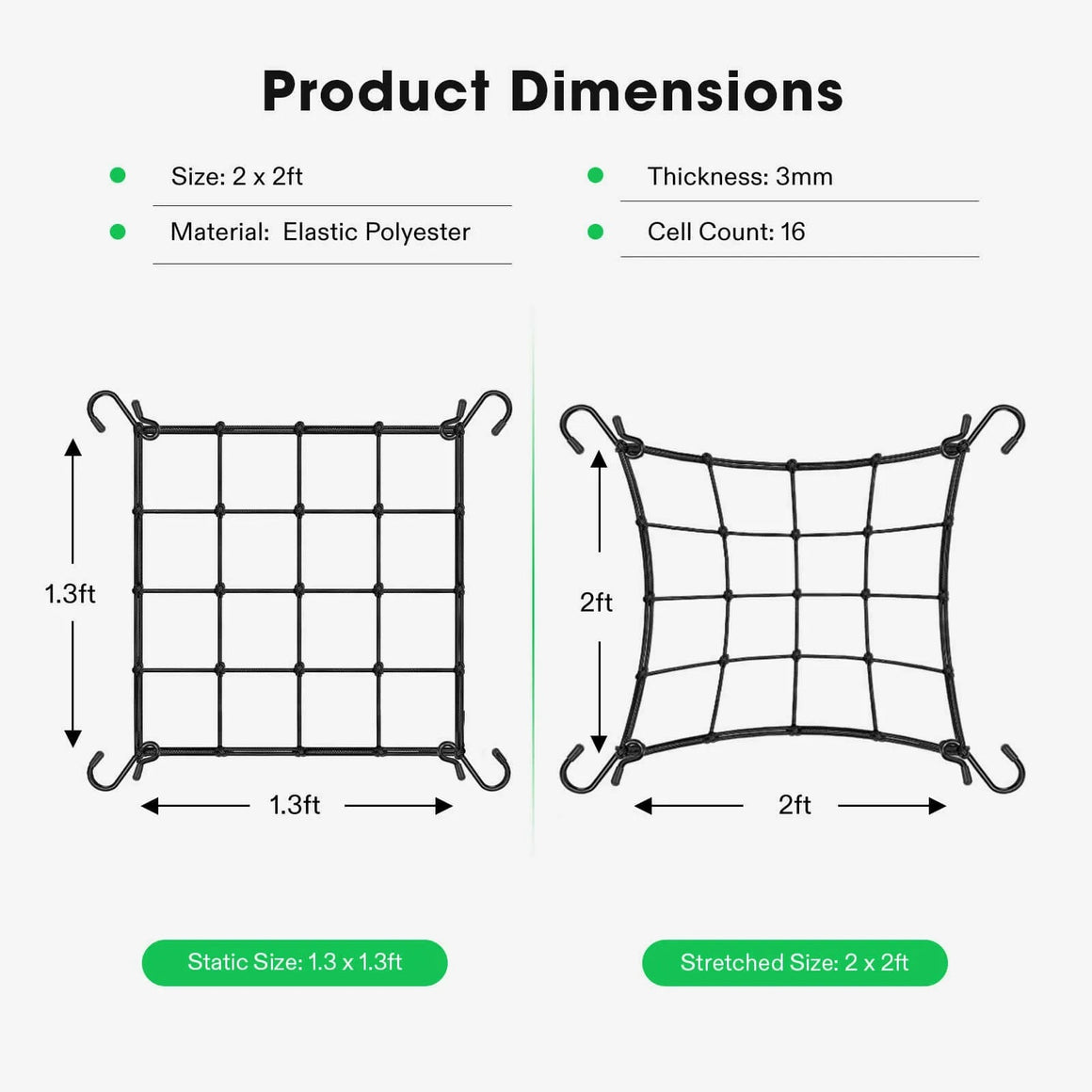 Vivosun elastic trellis netting with hooks, showing static size 1.3 x 1.3ft and stretched size 2 x 2ft.