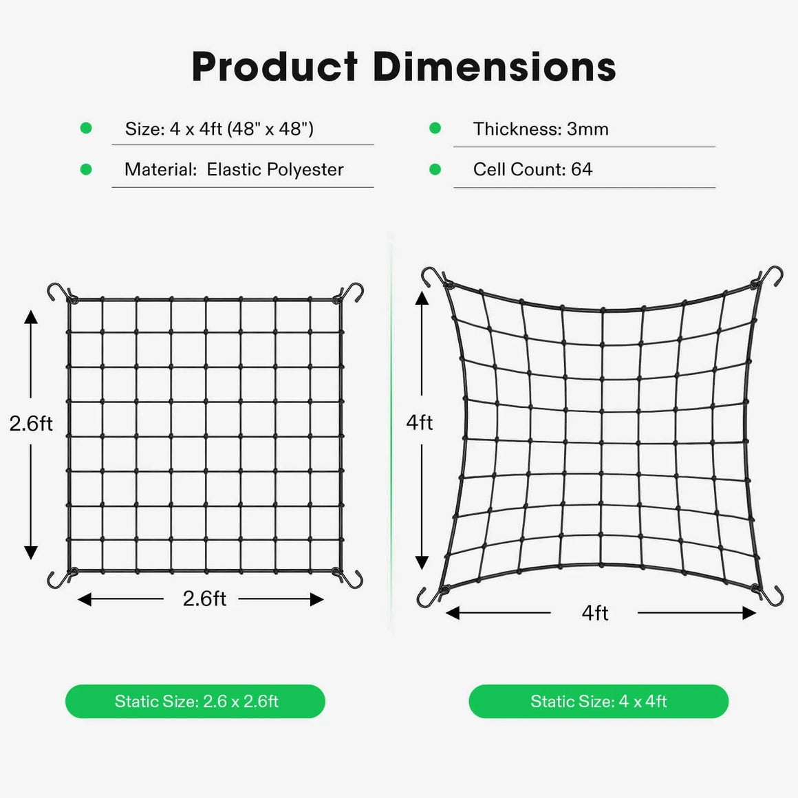 Vivosun elastic trellis netting, 4x4ft (48"x48") with 64 cells, elastic polyester.