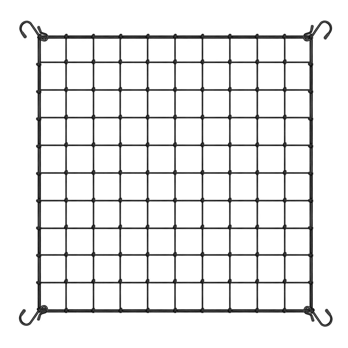 Black grid netting with hooks for plants, on a white background.