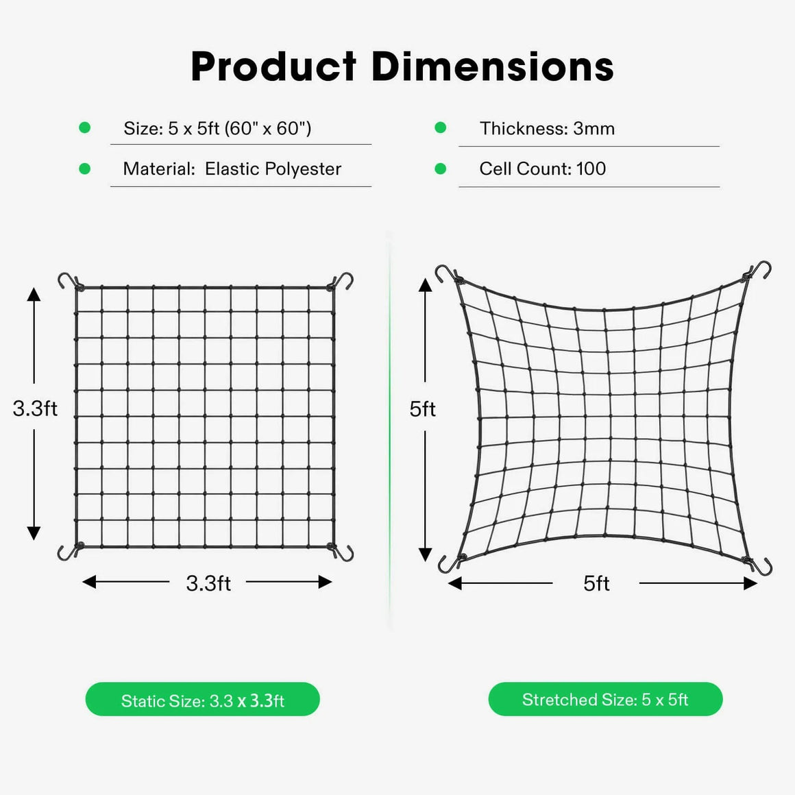 Vivosun elastic trellis netting 5x5ft, 3mm thick, 100 cell count, stretches from 3.3x3.3ft to 5x5ft.