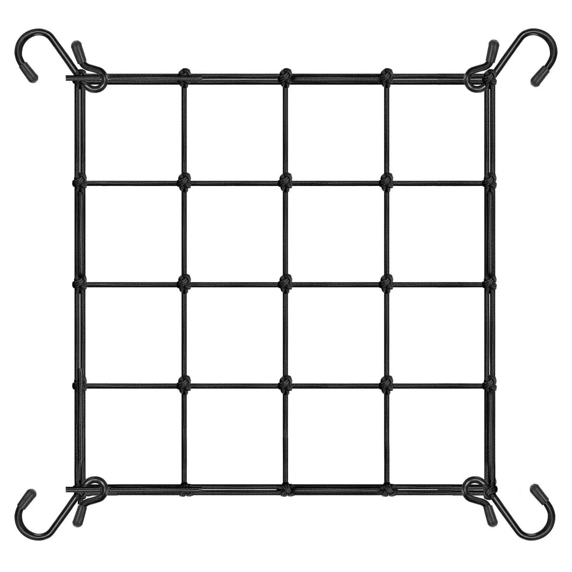Black elastic trellis netting with 4 hooks, featuring a grid of 16 squares.