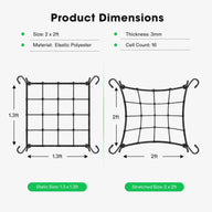 Vivosun elastic trellis netting with hooks, showing static size 1.3 x 1.3ft and stretched size 2 x 2ft.