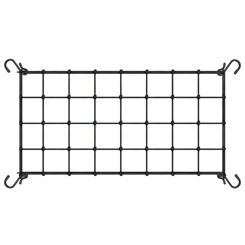 Black elastic trellis netting with 4 hooks for plants, 4x2 grid, 40x20 inches.
