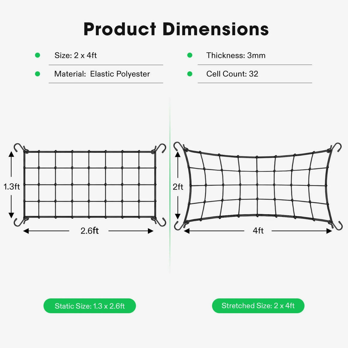 Product dimensions for Vivosun elastic trellis netting: static size 1.3 x 2.6 ft, stretched size 2 x 4 ft.