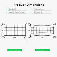 Product dimensions for Vivosun elastic trellis netting: static size 1.3 x 2.6 ft, stretched size 2 x 4 ft.