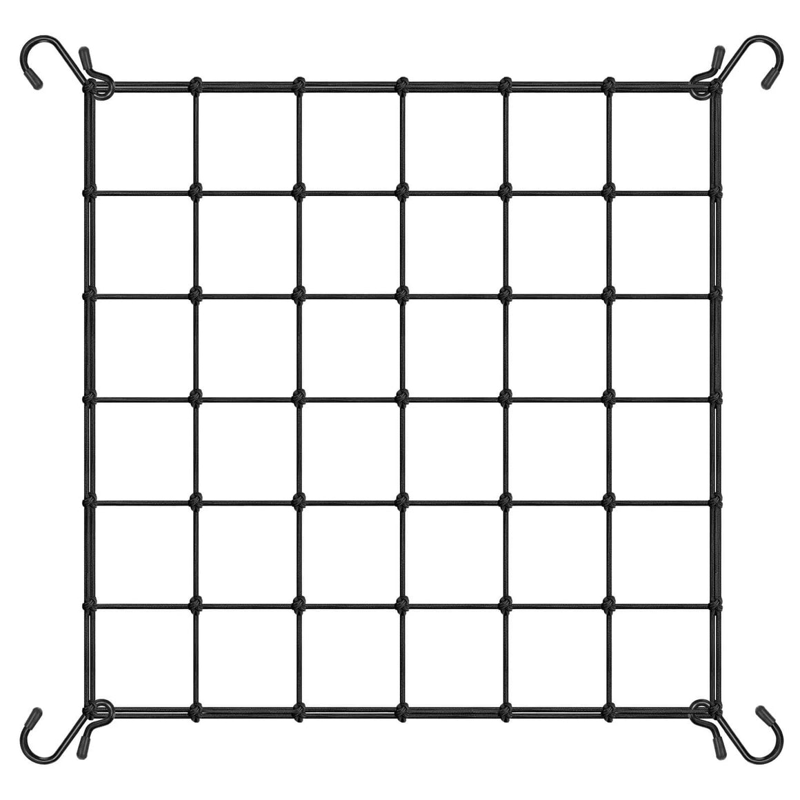 Black elastic net with square grid and four hooks for plants.