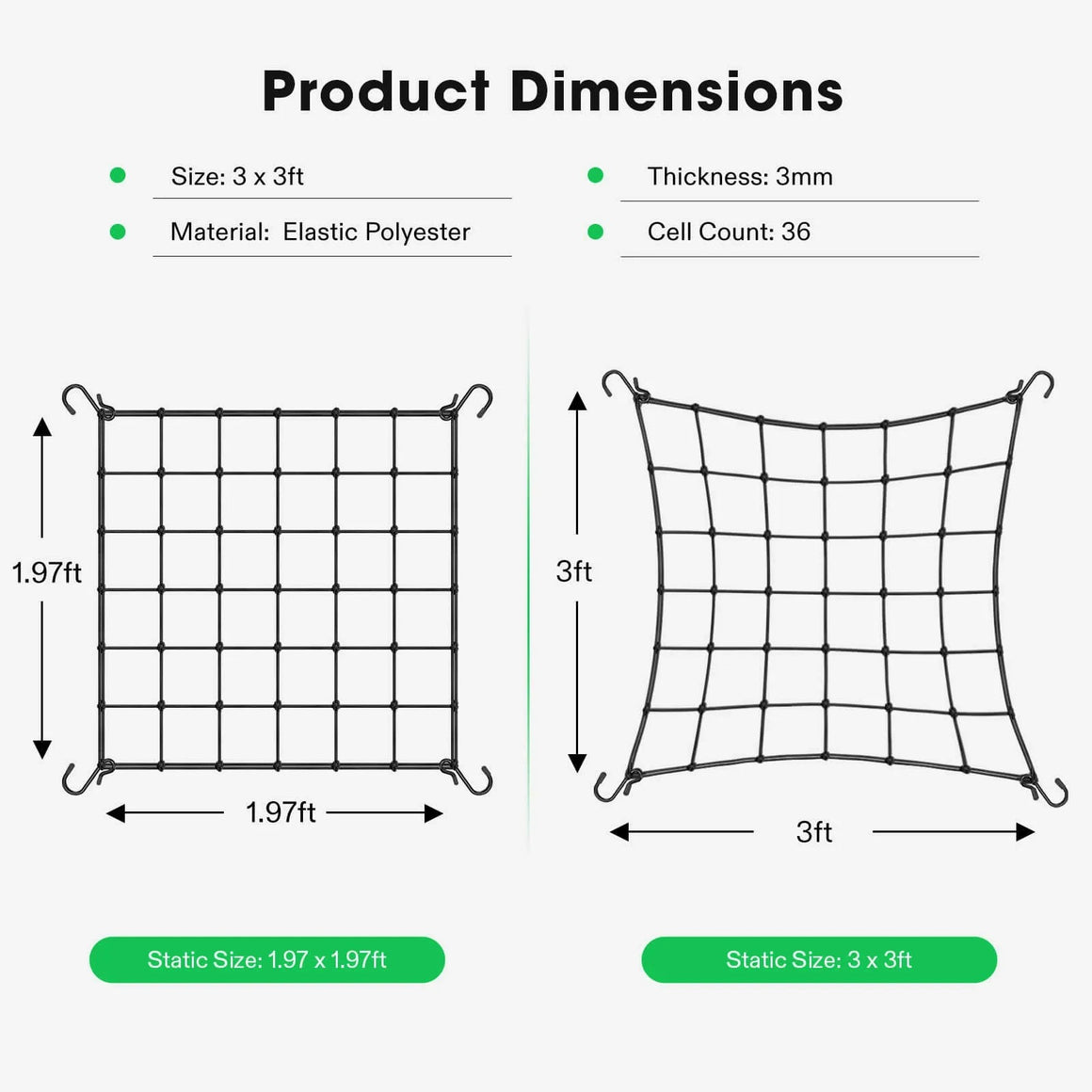 Vivosun elastic trellis netting with 36 cells, 3x3ft and 1.97x1.97ft sizes.
