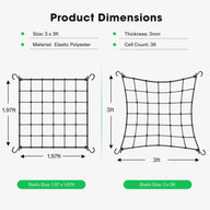 Vivosun elastic trellis netting with 36 cells, 3x3ft and 1.97x1.97ft sizes.