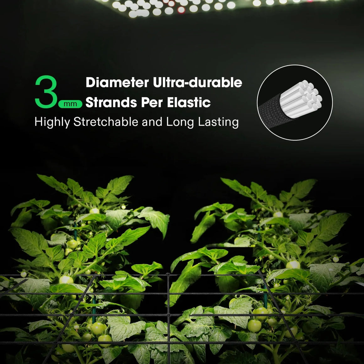 Vivosun elastic trellis netting, 3mm diameter, highly stretchable for supporting plants like tomatoes.