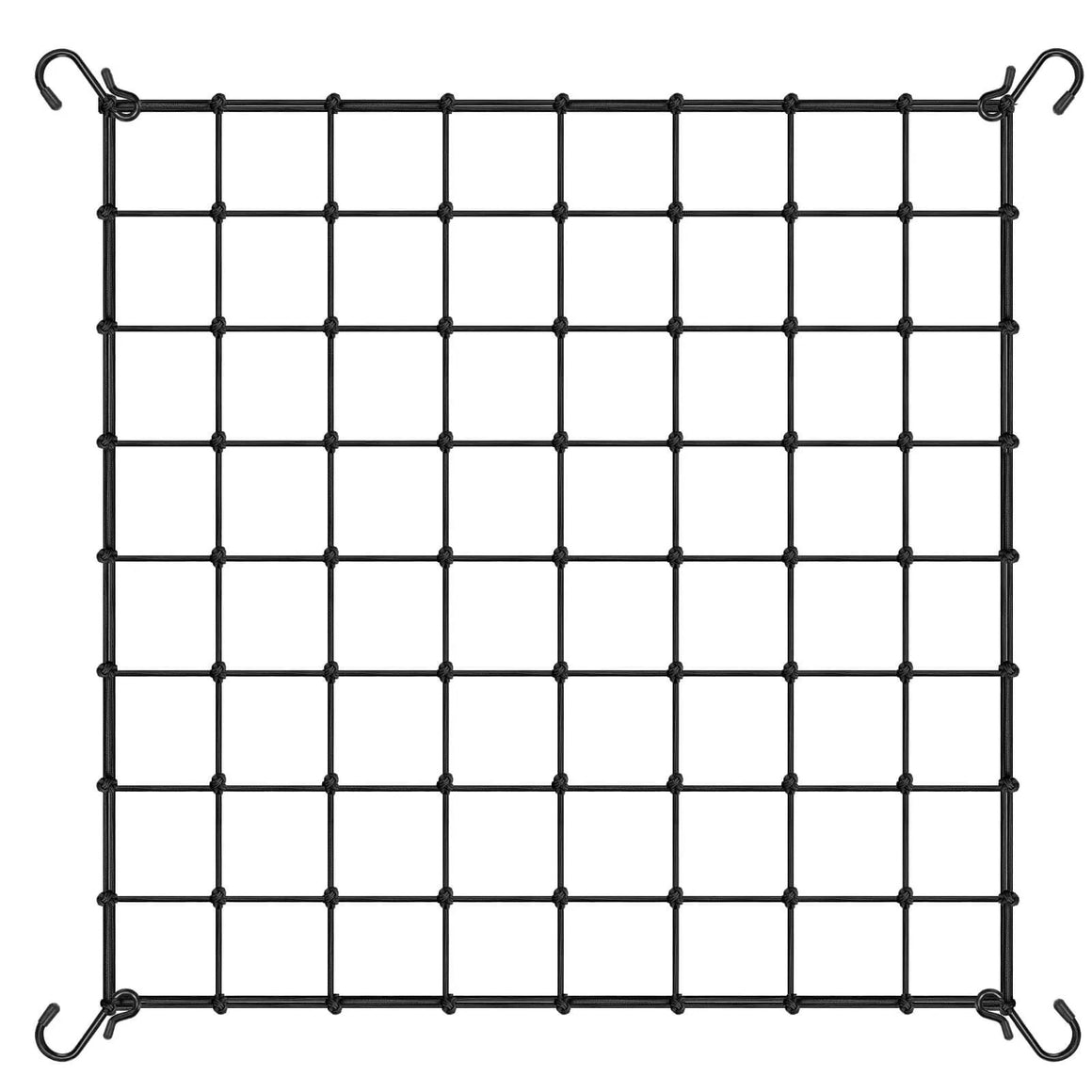 Black elastic trellis netting with 8x8 squares and 4 hooks, for growing plants.