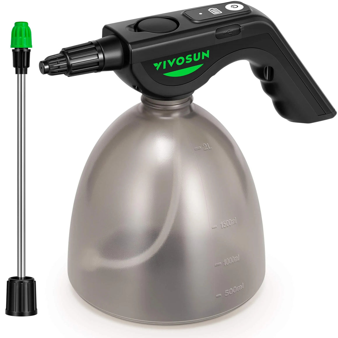 Vivosun 2L electric sprayer with adjustable nozzle, battery indicator, and fill lines.