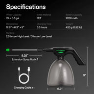 Vivosun 2L electric sprayer specs: 2L capacity, PET bottle, 2200mAh battery, 420g weight, 9.25