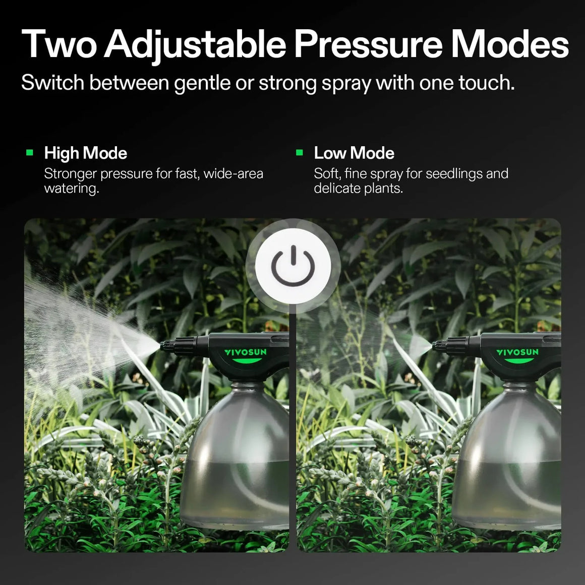Vivosun 2L electric sprayer with two modes: high pressure for wide watering, low pressure for delicate plants.