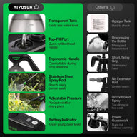 VIVOSUN 2L electric sprayer: transparent tank, top-fill, ergonomic grip, stainless steel rod, adjustable pressure, battery indicator.