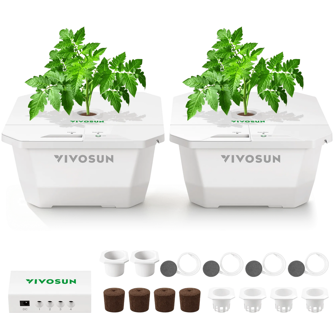 VIVOSUN FlexFeed 4-gallon DWC hydroponic system kit with two plants, accessories, and control box.