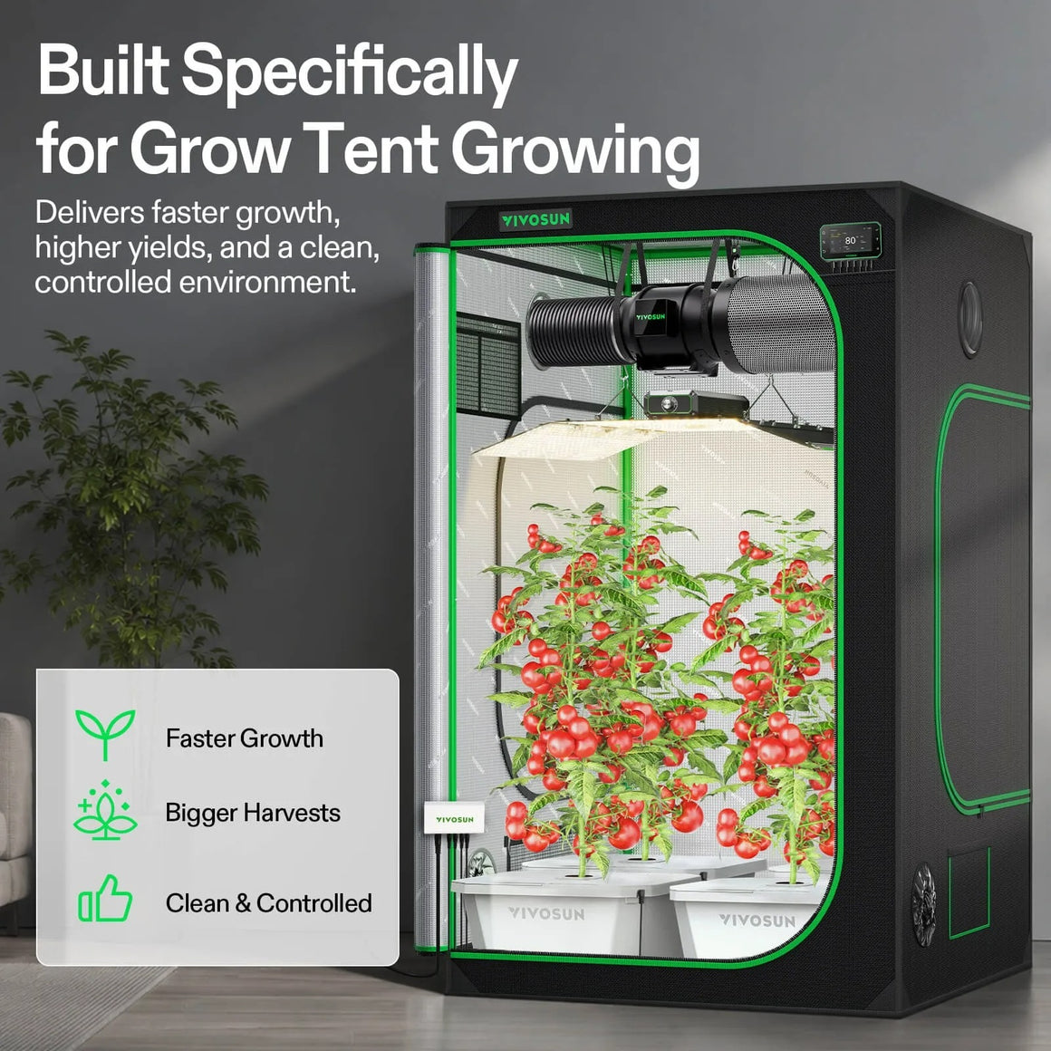 VIVOSUN DWC hydroponic system with tomato plants, VIVOSUN grow tent, fan, and grow light.