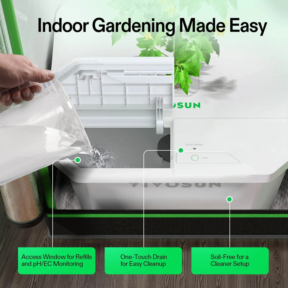 VIVOSUN FlexFeed DWC hydroponic system: water pouring, drain button, access window, & "Soil-Free" text.