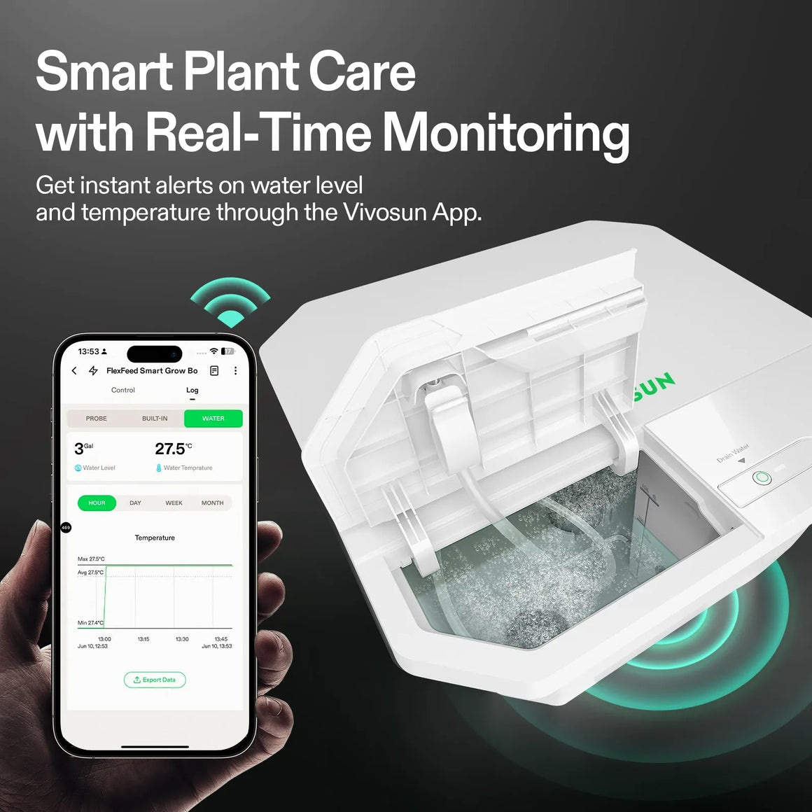 Vivosun FlexFeed smart grow system with mobile app displaying water level and temperature, and water reservoir.