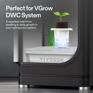 VIVOSUN FlexFeed DWC system seed rooter with a seedling growing in a hydroponics cup.