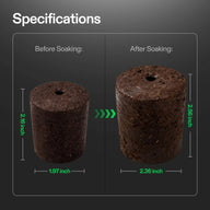A side-by-side comparison of a seed starter plug before and after soaking, showing dimensional changes.