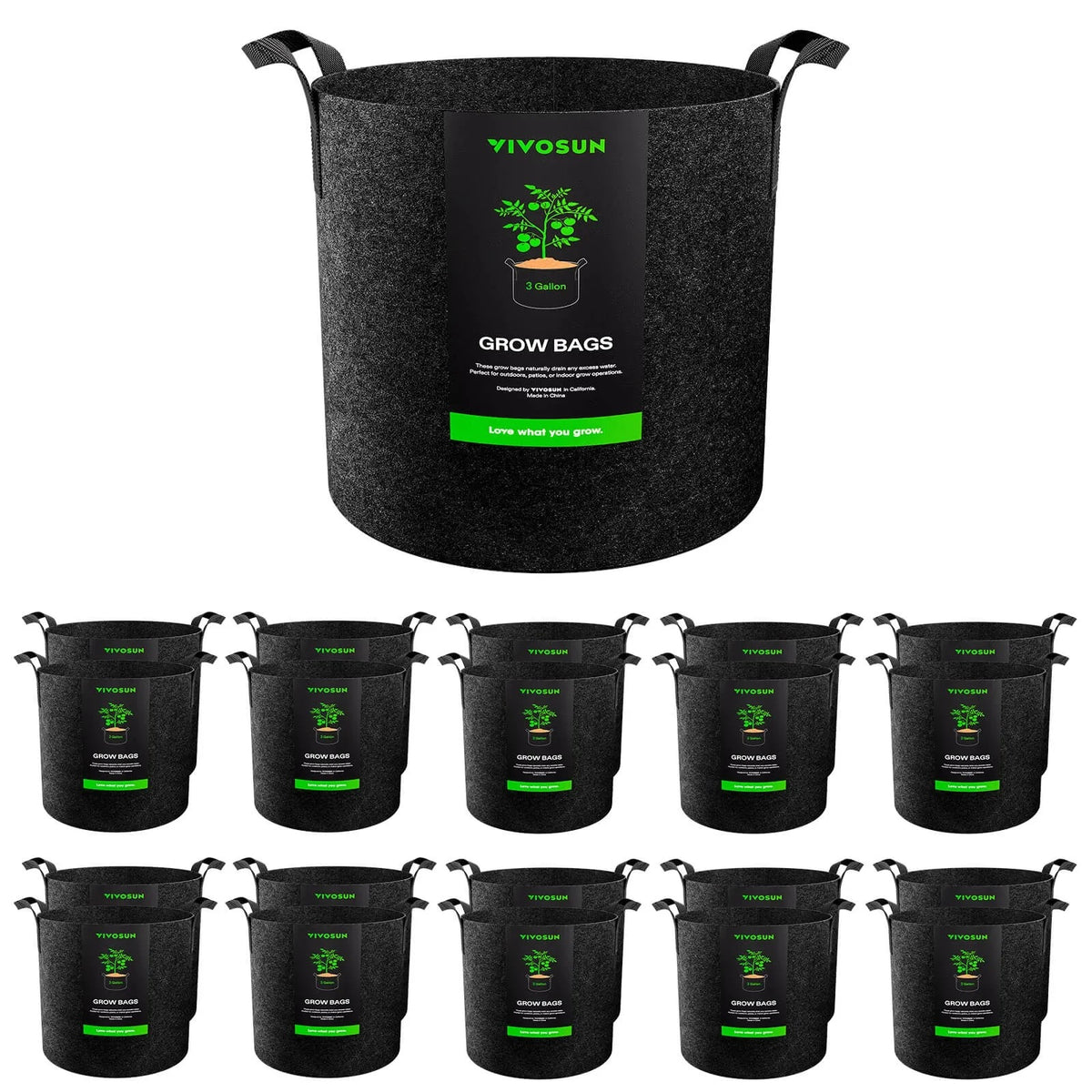 VIVOSUN 3-gallon fabric grow bags with handles, black, 20 pack.