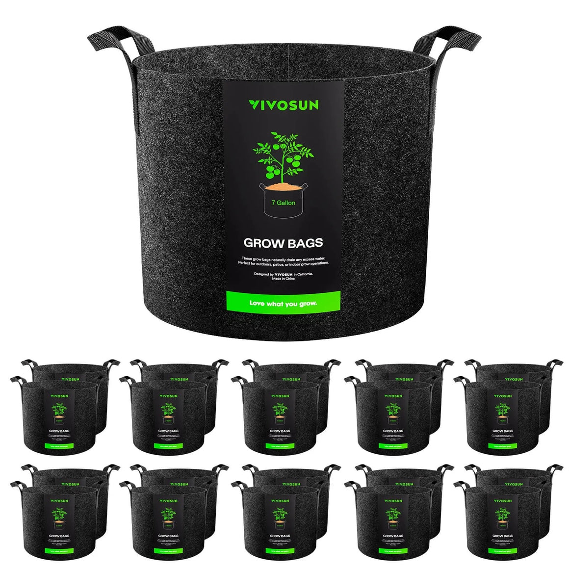 VIVOSUN 20-pack 7-gallon black fabric grow bags with handles and a tomato plant graphic.