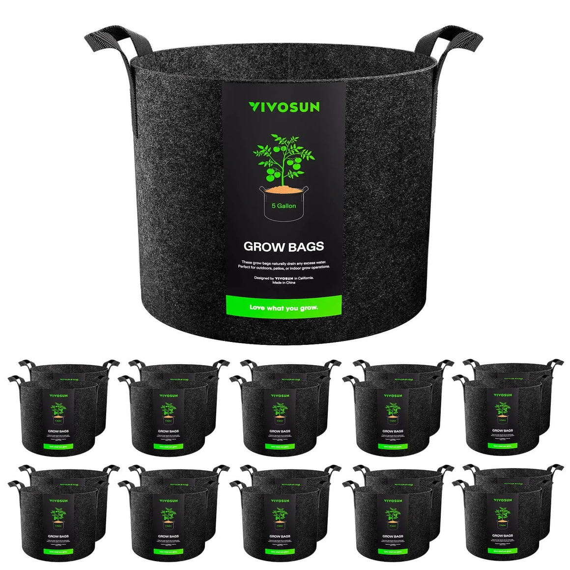 VIVOSUN 20-pack 5-gallon grey felt grow bags with handles, featuring a tomato plant graphic.