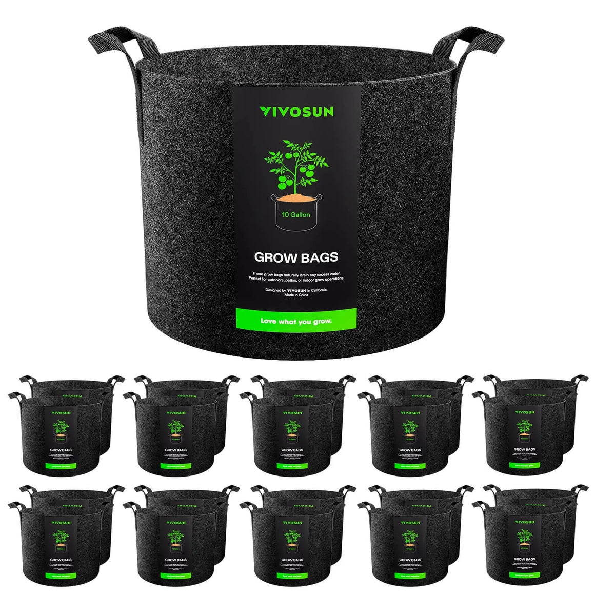VIVOSUN 10-gallon fabric grow bags, 20-pack, dark gray, with handles and tomato plant logo.
