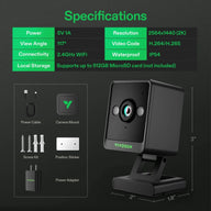 VIVOSUN C4 camera: 2K resolution, 117° view, 2.4GHz Wi-Fi, IP54 waterproof, 3