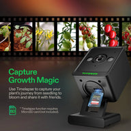 VIVOSUN GrowCam C4 time-lapse camera with microSD slot, showing plant growth from seedling to ripe tomatoes.