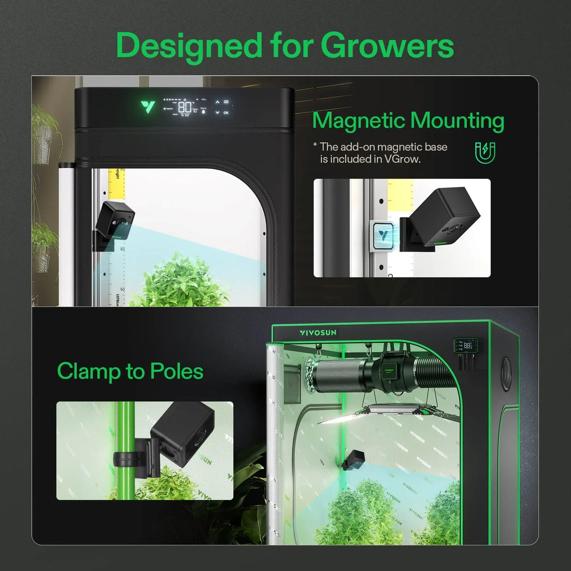 VIVOSUN GrowCam C4 with magnetic mount and pole clamp for indoor grow tents.