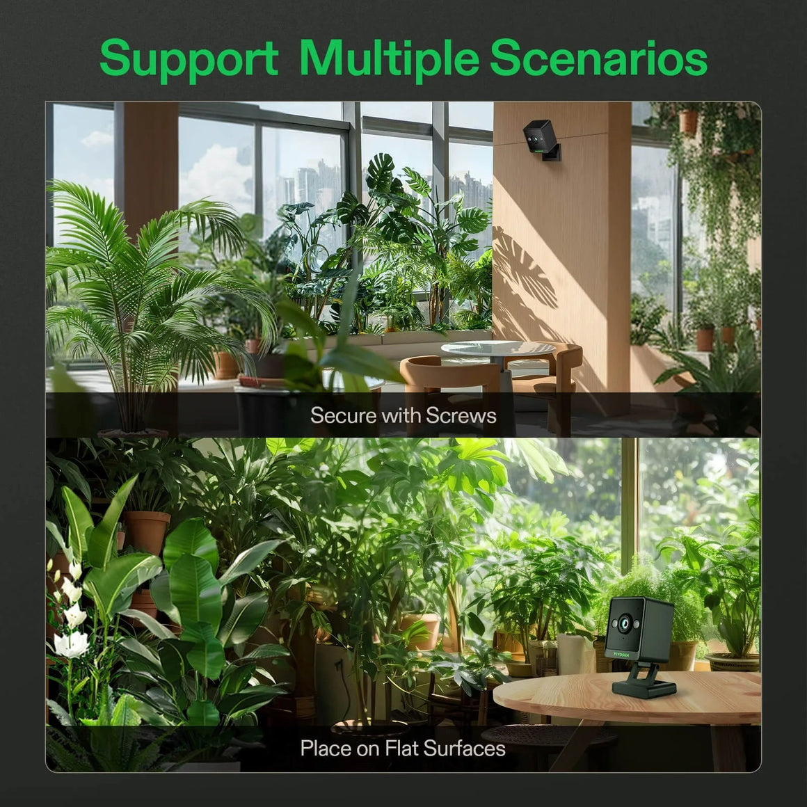 Vivosun GrowCam C4: compact security camera mounted on wall & on table amidst lush indoor plants.